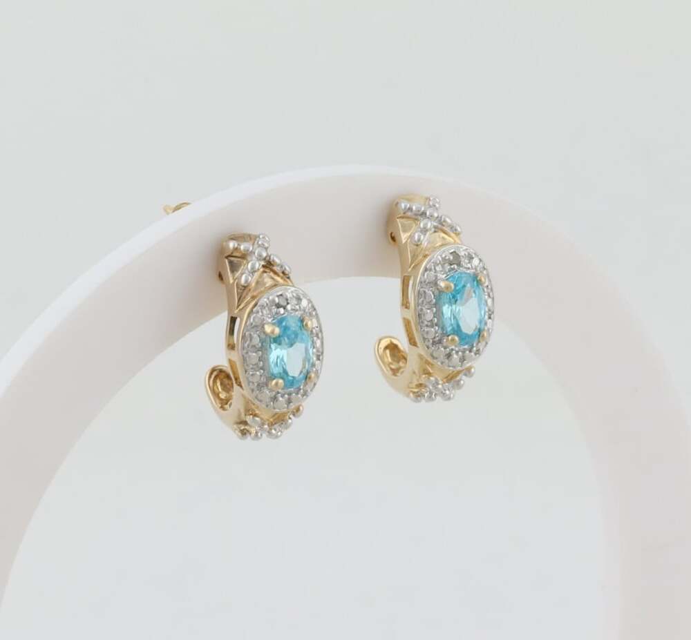 18k Gold Over Sterling Silver Blue CZ Earrings Half Hoops 5/8" x 1/4"